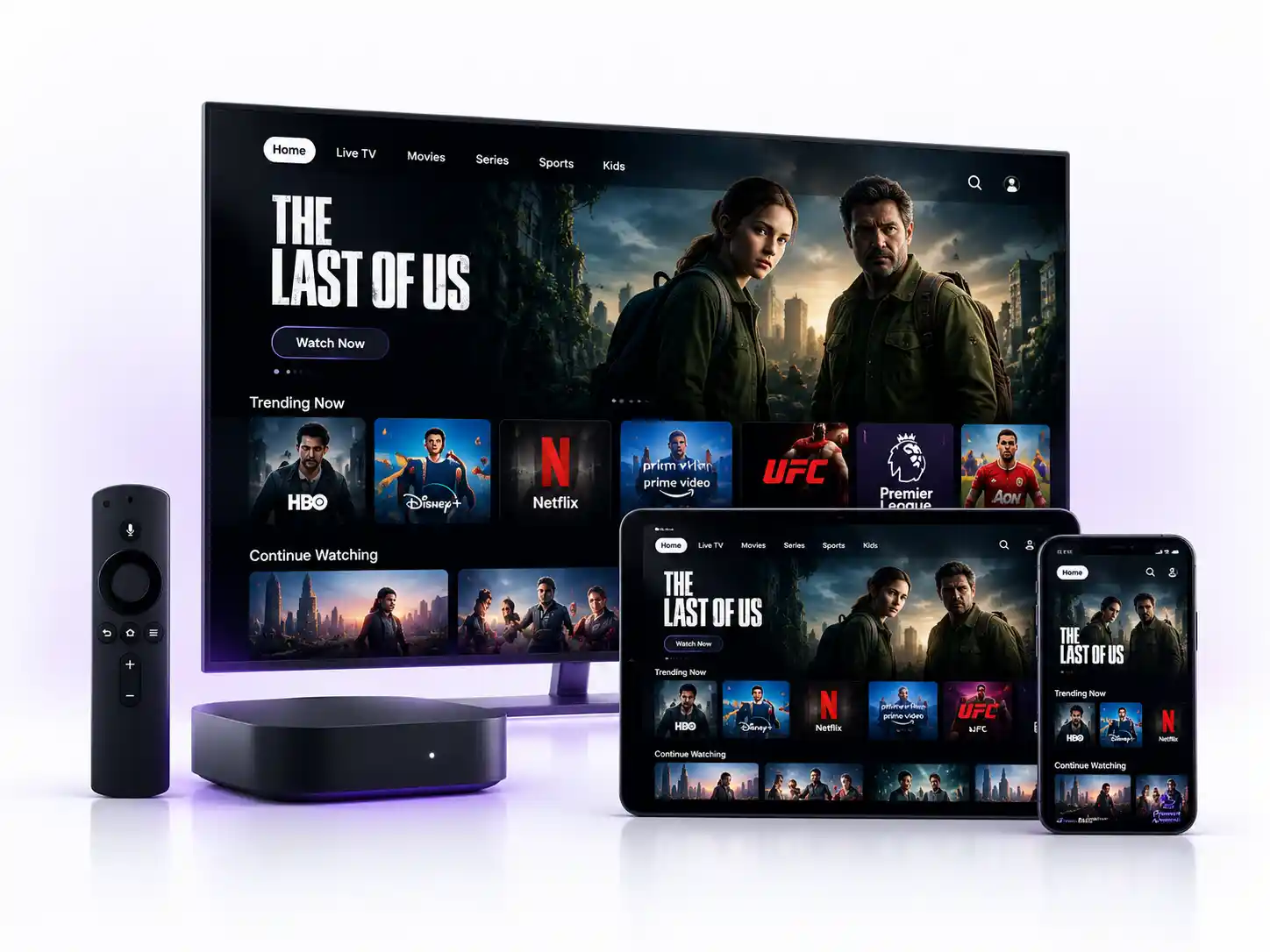 British IPTV UK Spot running on Smart TV, Firestick, phone and tablet